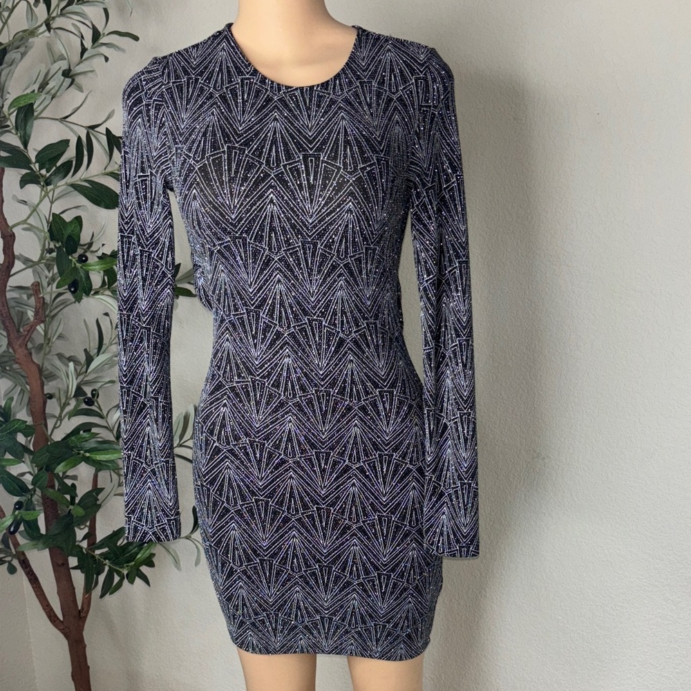 Divided Black and Silver Patterned Long Sleeve Dress